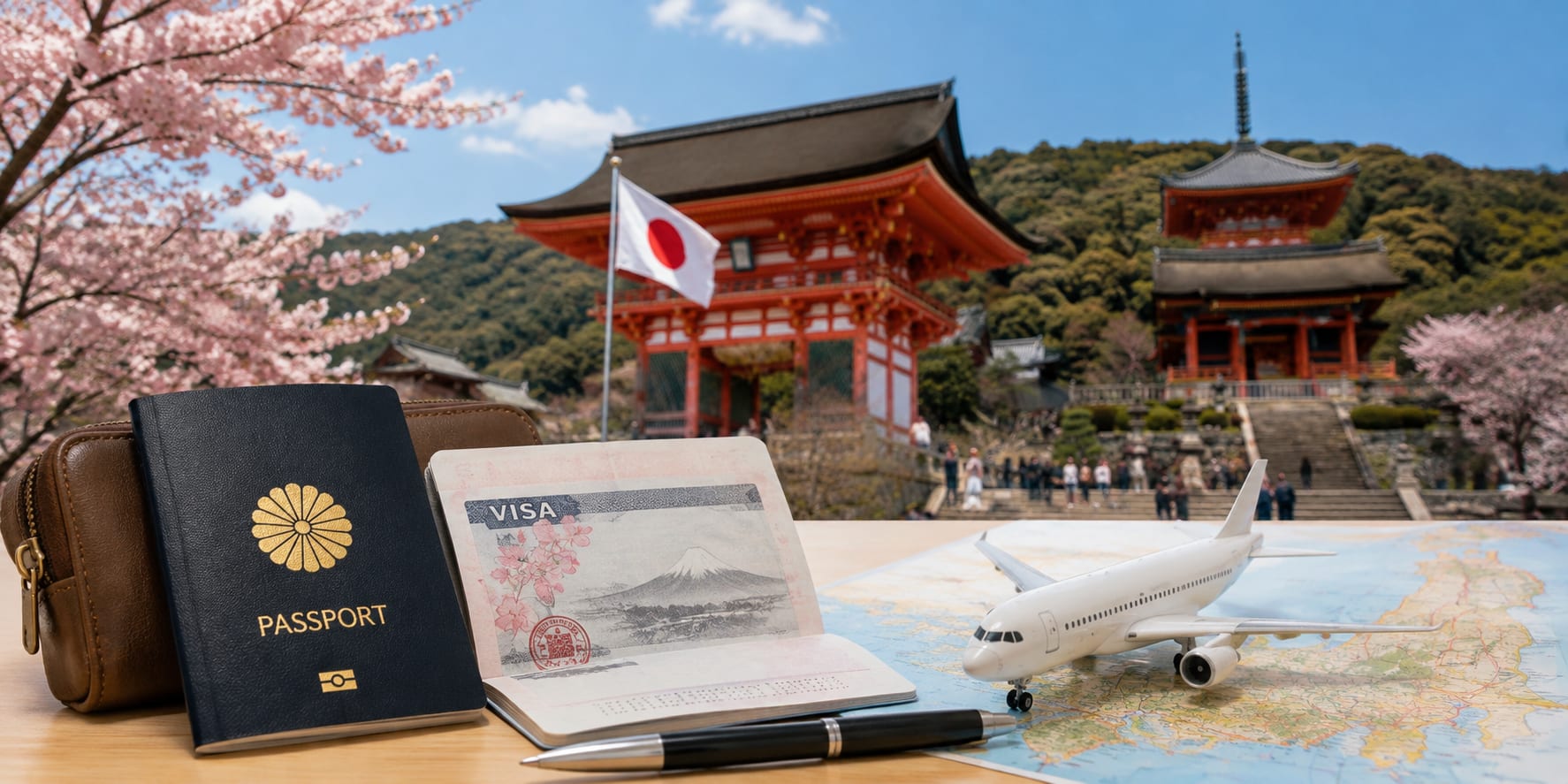 Japanese passport open to a visa page with a model airplane on a map, Kiyomizu-dera temple gate in the background